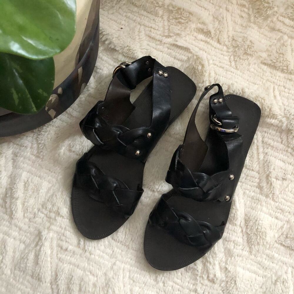 Theory Black Leather Braided Buckle Sandals